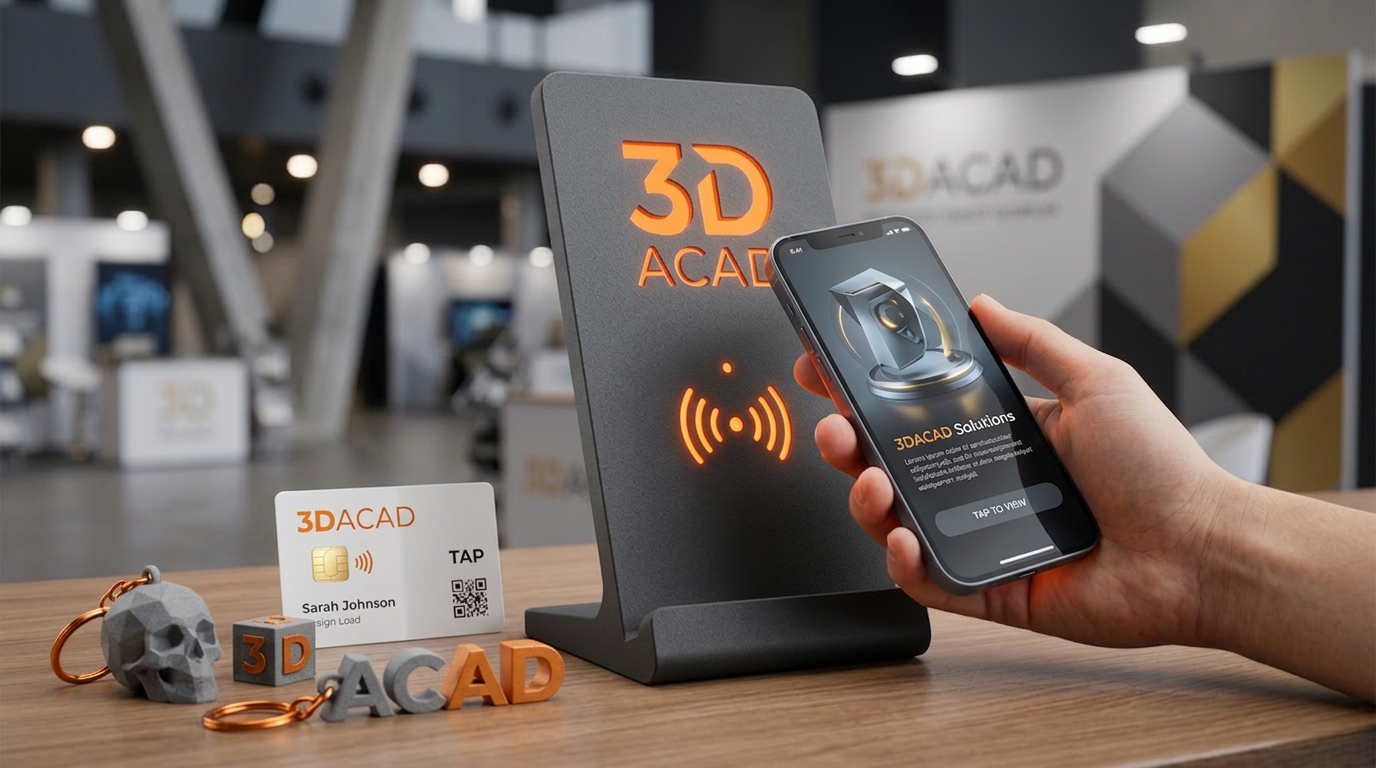 Expositor NFC con logo 3DACAD, tarjeta inteligente y llaveros personalizados en feria - 3DAcad Getafe