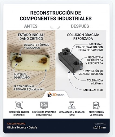 Reconstrucción de componentes industriales: antes y después de un repuesto fabricado por 3DAcad en Getafe